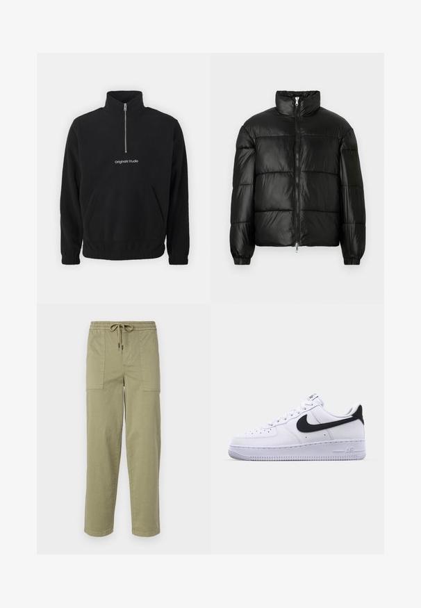 Casaco puffer preto com gola alta, fecho frontal em zíper, design acolchoado, punhos elásticos e acabamento de tecido brilhante e suave.; Pulôver de fleece preto com colarinho alto e fecho de meia zip. Apresenta um bolso frontal tipo canguru e um logotipo bordado "Originals Studio".; Calças verde-oliva claras feitas de um tecido de algodão misto, com um cós elástico com cordão e dois bolsos laterais grandes.; Sapatilha branca de couro com um Swoosh preto texturizado, atacadores planos e uma sola de borracha com um padrão estriado. "AIR" está gravado no calcanhar.