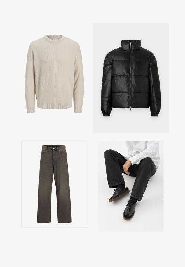 Mustat puffer-takki korkealla kauluksella, vetoketjukiinnitys edessä, tikattu malli, joustavat hihansuut ja kiiltävä, sileä kangasviimeistely.; Vaalea beige neulottu villapaita, jossa on tekstuuri, pyöreä kaula-aukko, resorit hihansuissa ja helmassa, sekä väljä istuvuus.; Valkoset farkut tummanharmaasta denimestä, joissa on korkea vyötärö, klassinen viisi-taskuinen muotoilu ja erottuvat ompeleet saumoissa.; Mustat tennarit, joissa on sileä ja teksturoitu päällyste, varustettuna kumipohjalla ja tummilla nauhoilla. Yhdistetty mustiin farkkuihin ja valko-raitaiseen paitaan.