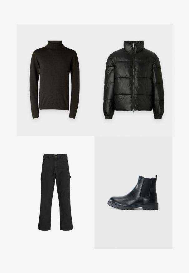 Geacă neagră din material puffy, cu guler înalt, închidere cu fermoar pe față, design matlasat, mansete elastice și finisaj din țesătură lucioasă și netedă.; Pulover cu guler înalt de culoare verde închis, realizat dintr-un material tricotat moale, având mâneci lungi și tivuri și o margine ondulată. Textură netedă, cu detalii minime.; Pantaloni cargo negri dintr-un amestec de bumbac. Au picioare largi, buzunare frontale înclinate și un buzunar lateral cu un laț pentru accesorii.; Bocanci Chelsea din piele neagră, cu panouri laterale elastice, vârf rotunjit și talpă din cauciuc antiderapant. Design minimalist cu o bandă de prindere.