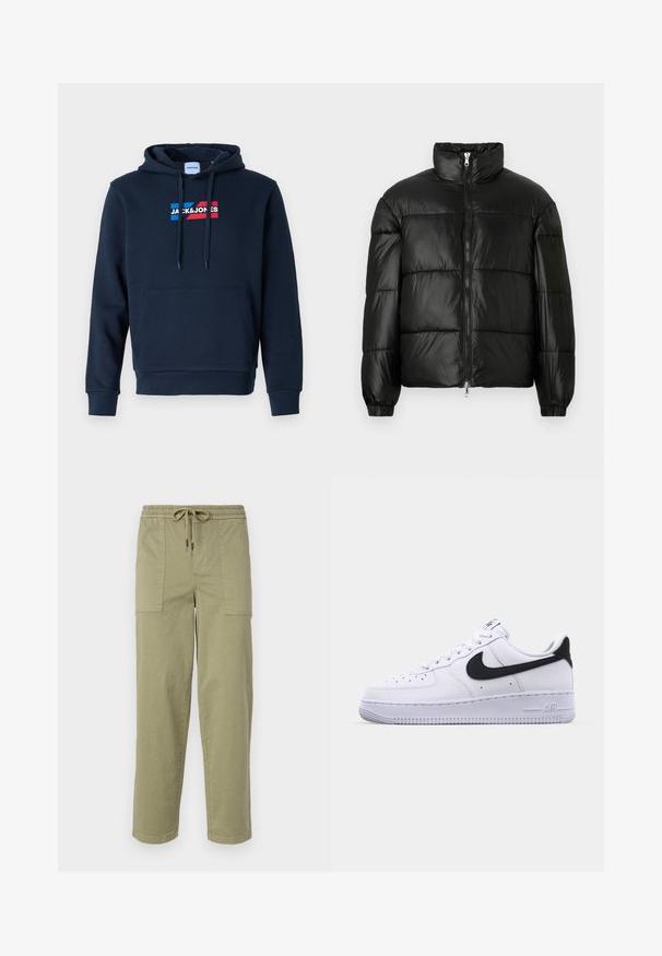 Sort puffet jakke med høj krave, lynlås foran, quiltet design, elastiske manchetter og skinnende, glat stoffinish.; Mørkeblå hoodie med en forreste kængurulomme, hætte med snor og logo i rød og blå. Den har en blød, glat tekstur og ribbede manchetter.; Lys olivengrønne bukser lavet af en bomuldsblanding, med elastisk talje med snor og to store sidelommer.; Hvide lædersneakers med en struktureret sort Swoosh, flade snørebånd og en gummisål med et rillemønster. "AIR" er præget på hælen.