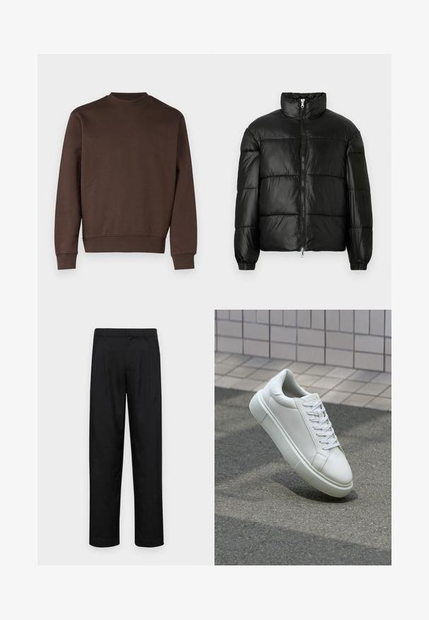 Czarna kurtka puchowa z wysokim kołnierzem, zapięciem na zamek błyskawiczny z przodu, pikowanym wzorem, elastycznymi mankietami oraz błyszczącym, gładkim wykończeniem materiału.; Brązowy sweter z okrągłym dekoltem wykonany z gładkiej mieszanki bawełny. Posiada ściągacze na mankietach i u dołu, prosty design bez wzorów czy ozdób.; Czarne spodnie wykonane z gładkiego materiału, z prostą nogawką, dwoma fałdami z przodu oraz standardowym paskiem z wypustkami na pasek.; Białe skórzane trampki z gładką powierzchnią, okrągłym noskiem i płaskimi białymi sznurowadłami. Posiadają teksturowaną gumową podeszwę oraz minimalistyczne elementy projektowe.