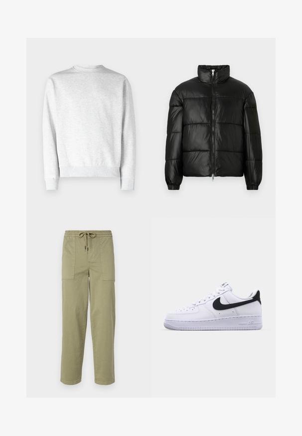 Sort puffet jakke med høj krave, lynlås foran, quiltet design, elastiske manchetter og skinnende, glat stoffinish.; Lys grå crewneck sweatshirt lavet af blødt fleece-materiale, med ribbestrikkede manchetter og kant, samt en glat, tekstureret overflade.; Lys olivengrønne bukser lavet af en bomuldsblanding, med elastisk talje med snor og to store sidelommer.; Hvide lædersneakers med en struktureret sort Swoosh, flade snørebånd og en gummisål med et rillemønster. "AIR" er præget på hælen.