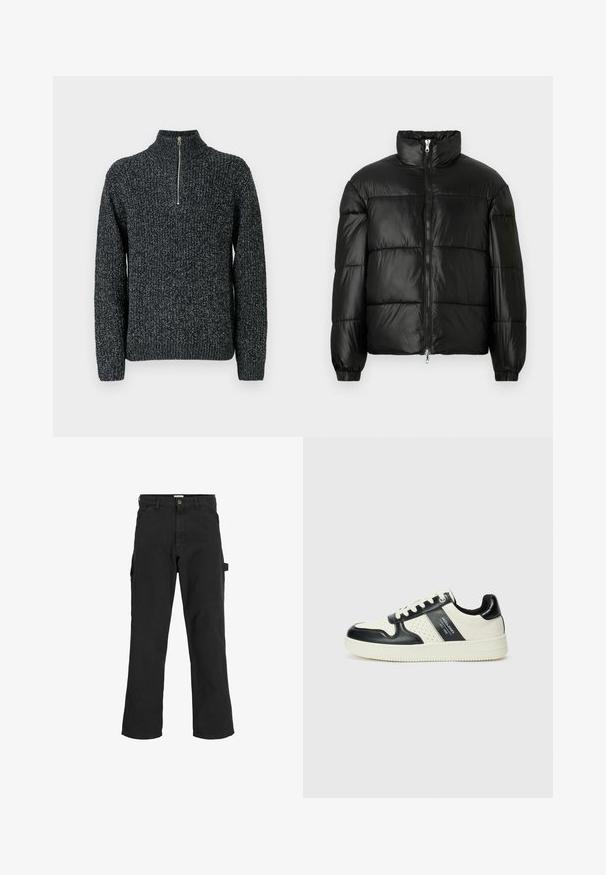 Schwarze Daunenjacke mit hohem Kragen, Reißverschluss vorne, gestepptem Design, elastischen Bündchen und glänzendem, glattem Stofffinish.; Strickpullover in Dunkelgrau mit hohem Kragen und einem Viertelreißverschluss. Besteht aus strukturiertem Garn mit leicht meliertem Aussehen.; Schwarze Cargo-Hosen aus einem Baumwoll-Mischgewebe. Mit weitem Bein, schrägen Taschen vorne und einer Seitentasche mit einer Schlaufe für Accessoires.; Leder-Sneaker in Schwarz- und Cremetönen, mit perforierten Akzenten, einem gepolsterten Kragen und einer strukturierten Laufsohle.