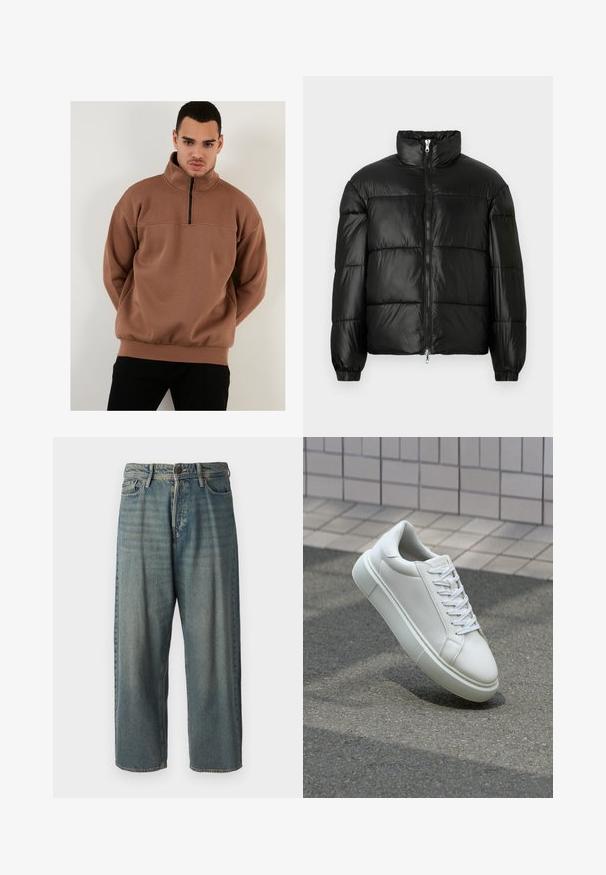 Crna puffer jakna s visokim ovratnikom, zatvaranjem na zip, quilted dizajnom, elastičnim manžetama i sjajnim, glatkim materijalom.; Smeđa ziper pulover dukserica s visokim ovratnikom, napravljena od mekanog materijala, s opuštenim krojem i rebrastim manžetama i donjim rubom.; Svijetloplave traperice s širokim krojem, srednjim pojasom i ravnim nogavicama. Ima pet džepova, petlje za remen i kopčanje na gumb.; Bijela kožna tenisica s glatkom površinom, okruglim vrhom i ravnim bijelim vezicama. Ima teksturiran gumeni potplat i minimalne dizajnerske elemente.