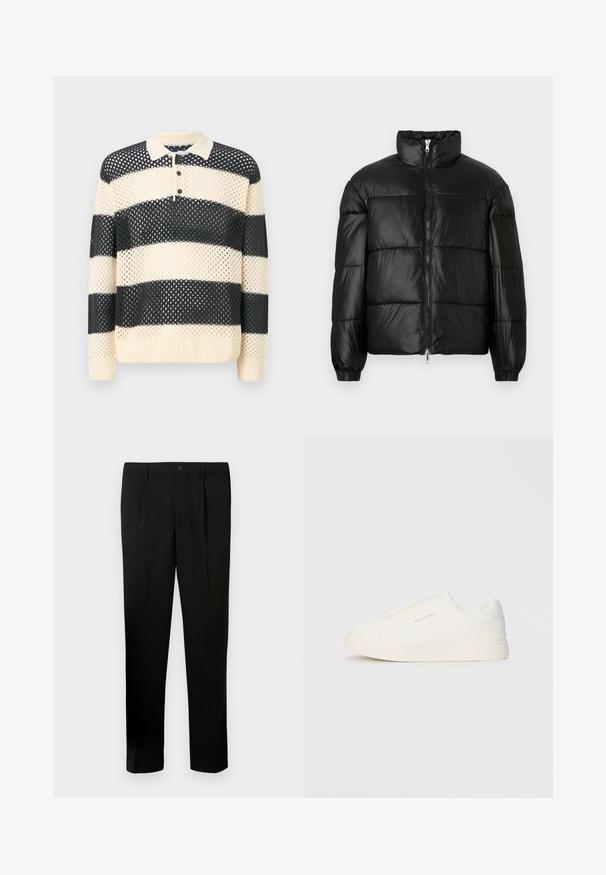 Czarna kurtka puchowa z wysokim kołnierzem, zapięciem na zamek błyskawiczny z przodu, pikowanym wzorem, elastycznymi mankietami oraz błyszczącym, gładkim wykończeniem materiału.; Sweter dzianinowy z na przemian dużymi paskami w kolorze granatowym i kremowym, z kołnierzykiem polo oraz trzema guzikami. Teksturowany materiał siatkowy.; Czarne spodnie o kroju prostym z płaskim przodem, dwoma zakładkami, zapięciem na guzik, kieszeniami bocznymi oraz prostymi nogawkami. Wykonane z gładkiego materiału.; Białe sneakersy wsuwane z teksturowanej powierzchni, grubą podeszwą i minimalistycznym designem. Zawierają logo marki z boku.
