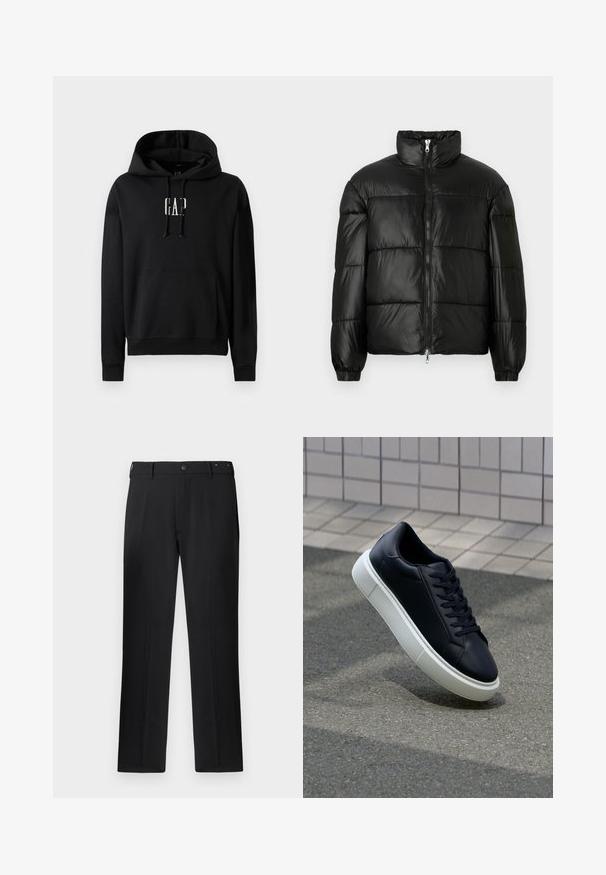 Melna pūkainā jaka ar augstu apkakli, rāvējslēdzēja priekšējo aizdari, quilted dizainu, elastīgām piedurknēm un spīdīgu, gludu auduma apdari.; Melnas kapuces sporta jaka, izgatavota no flīsa materiāla, ar priekšējo kabatu, ribotām aprocēm un baltu "GAP" logotipu uz krūšu vietas.; Melni bikses ar taisnu kāju dizainu, pogu aizdari un jostas cilpām, ar gludu tekstūru un bez redzamām rakstu vai akcentiem.; Melnas ādas kedas ar noapaļotu pirkstu un baltu gumijas zoli. Iespējas - plakanas šņorītes un minimāla apdare augšdaļā. Struktūrēta zole, lai nodrošinātu saķeri.