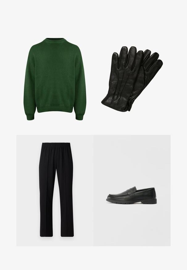 Schwarze Daunenjacke mit hohem Kragen, Reißverschluss vorne, gestepptem Design, elastischen Bündchen und glänzendem, glattem Stofffinish.; Grüner Strickpullover mit hohem Hals, überschnittenen Schultern und gerippten Bündchen und Saum. Aus einem strukturierten, weichen Stoff.; Schwarze, Gummibund-Hosen mit geradem Schnitt, die eine glatte Textur aufweisen und keine sichtbaren Muster oder Beschläge haben.; Schwarze Lederloafers mit glatter Oberfläche, Mokassin-oberteil, genähten Details und Gummisohle. Klassisches Design mit niedrigem Absatz.; Schwarze Lederhandschuhe mit glatter Textur, fünf Fingern und dezenten Nähdetails. Klassisches Design, geeignet für den Einsatz bei kaltem Wetter.