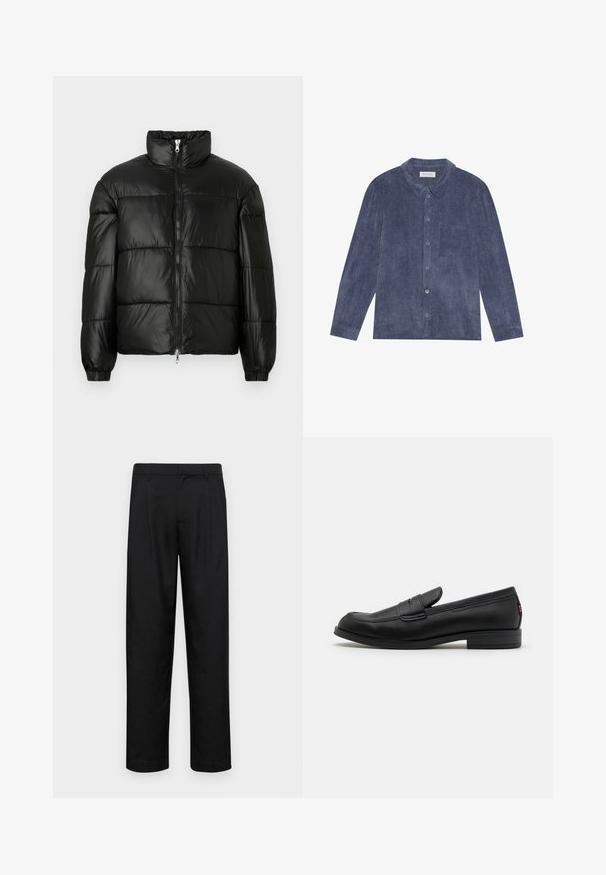 Juodas pūkinis švarkas su aukštu apykakle, užtrauktuko priekyje, siuvinėtu dizainu, elastingais rankogaliais ir blizgia, lygiąja audinio apdaila.; Tamsiai mėlynas aksominis marškinis su apykakle, priekinė kišenė ir ilgomis rankovėmis su mygtukais; tekstūruotas paviršius.; Juodi kelnių modeliai, pagaminti iš lygios medžiagos, turi tiesią kojas, du priekiniai klostės ir standartinę juosmenį su diržo kilpomis.; Juodos odinės loafers' tipo bateliai su lygia apdaila, apvalia nosimi ir maža dekoratyvine kišenėle. Turi žemą sukrauto kulno ir subtilų prekės ženklo detalę.