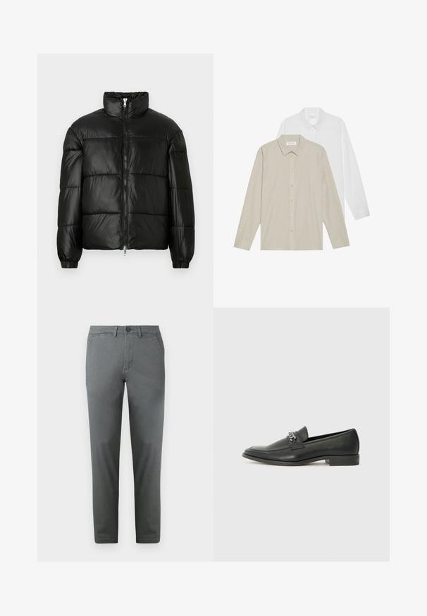 Schwarze Daunenjacke mit hohem Kragen, Reißverschluss vorne, gestepptem Design, elastischen Bündchen und glänzendem, glattem Stofffinish.; Zwei Langarmhemden: eines aus weißem Stoff, das andere aus beigem Stoff mit dünnen vertikalen Streifen. Beide haben umlegbare Kragen und Manschetten.; Graue Baumwoll-Chinos mit schlankem Schnitt, ausgestattet mit einem vorderen Knopfverschluss, zwei Seitentaschen und einer glatten Textur. Elegantes Design.; Schwarzer Lederloafer mit glatter Oberfläche, ausgestattet mit einer gesteppten Gestaltung und einem dekorativen Metallkettendetail über dem Vorderblatt. Flacher Absatz.