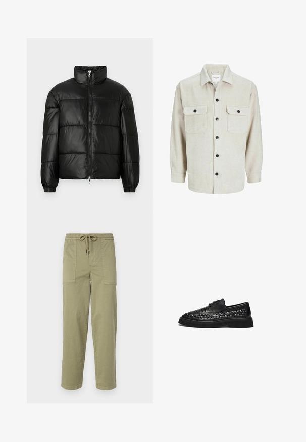 Svart pufferjakke med høy krage, glidelås foran, quiltet design, elastiske mansjetter og blank, glatt stofffinish.; Beige flanellskjorte med kragehals, to brystlommer, svarte knapper og lange ermer med knappebånd.; Lys olivengrønne bukser laget av bomullsblandingsstoff, med elastisk midje og snor, samt to store sidelommer.; Sorte lær sko med en vevd overdel, avrundet form og flat gummisåle. Har to snøløsninger for lisser og en teksturert finish.