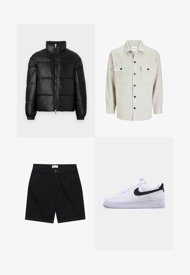 Must mustaga jakker, millel on kõrge krae, luku esikinnitus, tikanditud disain, elastsed mansetid ja läikiv, sile kangast viimistlus.; Beež flanellist särk, millel on krae, kahe rinnatasku ja mustade nööpidega, pikaaeline varrukad nööpidega cuffs.; Mustadest denim lühikesed püksid klassikalise lõikega, millel on kaks eesmist taskut, nööbikinnitus ja silt vöökohal. Tekstuuriga kangas.; Valge nahast toss musta tekstuuriga Swooshiga, lamedate nööridega ja kummist tallaga, millel on sooneline muster. "AIR" on reljeefne kandadel.