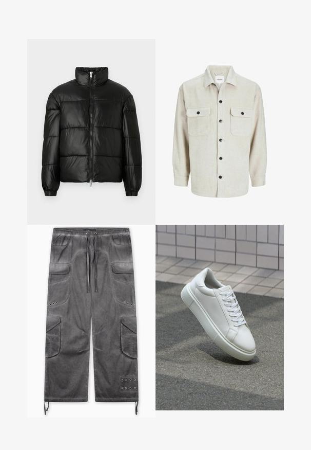 Svart pufferjakke med høy krage, glidelås foran, quiltet design, elastiske mansjetter og blank, glatt stofffinish.; Beige flanellskjorte med kragehals, to brystlommer, svarte knapper og lange ermer med knappebånd.; Grå cargobukser med avslappet passform, med flere lommer, teksturert stoff, snor i livet og metalliske maljer.; Hvit lær sneaker med glatt overflate, rund tå og flate hvite snøringer. Har en teksturert gummisåle og minimale design elementer.