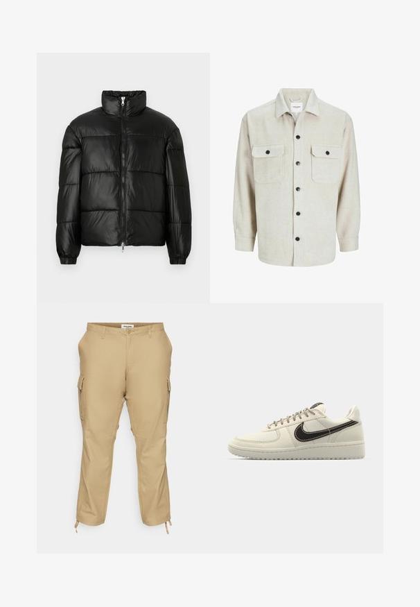 Schwarze Daunenjacke mit hohem Kragen, Reißverschluss vorne, gestepptem Design, elastischen Bündchen und glänzendem, glattem Stofffinish.; Beige Flanellhemd mit Kragen, das über zwei Brusttaschen, schwarzen Knöpfen und langen Ärmeln mit geknöpften Manschetten verfügt.; Beige Cargo-Hosen mit lockerer Passform, seitlichen Taschen, verstellbaren Bündchen und einem weichen Baumwollmischgewebe.; Beige Leder-Sneaker mit einer weißen Gummisohle, ausgestattet mit einem dunkelbraunen Swoosh, genähten Details und grauen Schnürsenkeln.