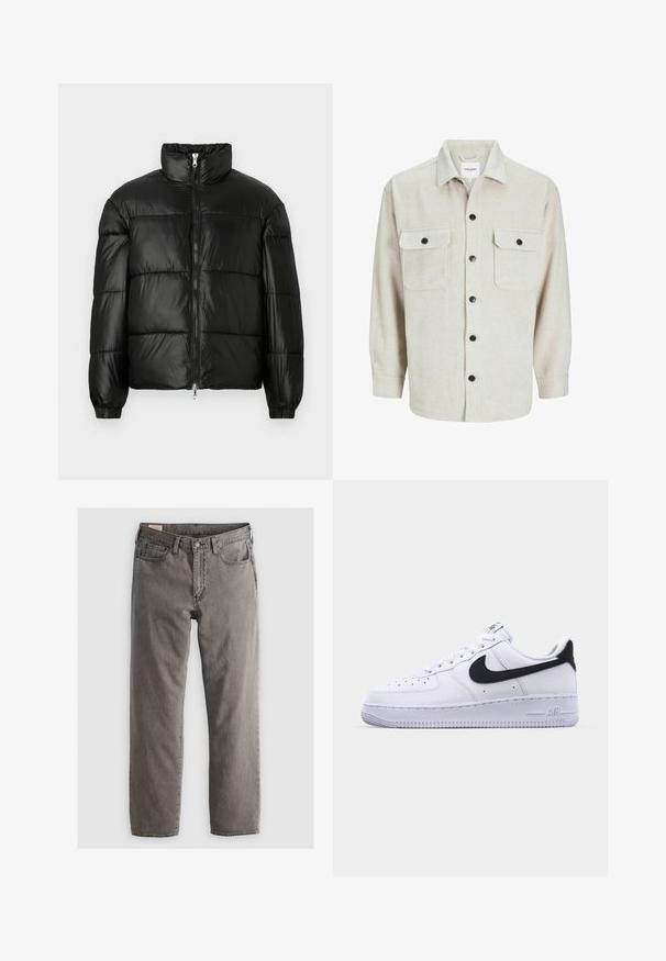 Sort puffet jakke med høj krave, lynlås foran, quiltet design, elastiske manchetter og skinnende, glat stoffinish.; Beige flannel skjorte med krave, der har to brystlommer, sorte knapper og lange ærmer med knapmanchetter.; Grå denimjeans med lige pasform, fem-lomme-design og knaplukning; ingen synlige mønstre eller accenter; let bleget finish.; Hvide lædersneakers med en struktureret sort Swoosh, flade snørebånd og en gummisål med et rillemønster. "AIR" er præget på hælen.