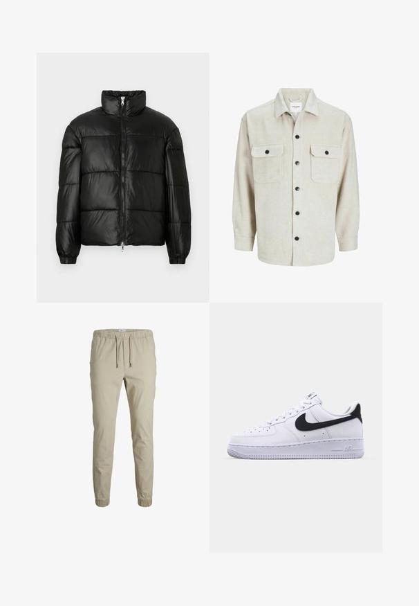 Schwarze Daunenjacke mit hohem Kragen, Reißverschluss vorne, gestepptem Design, elastischen Bündchen und glänzendem, glattem Stofffinish.; Beige Flanellhemd mit Kragen, das über zwei Brusttaschen, schwarzen Knöpfen und langen Ärmeln mit geknöpften Manschetten verfügt.; Beige Tapered-Jogginghosen mit elastischem Bund, Kordelzug und Knöchelabschlüssen, aus weichem Stoff gefertigt. Sie zeichnen sich durch eine glatte Textur und ein minimalistisches Design aus.; Weißes Leder-Sneaker mit einem strukturierten schwarzen Swoosh, flachen Schnürsenkeln und einer Gummisohle mit genoppetem Muster. "AIR" ist auf der Ferse eingeprägt.