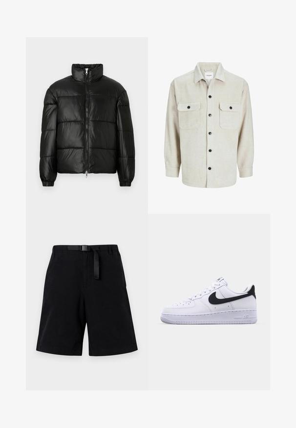 Must mustaga jakker, millel on kõrge krae, luku esikinnitus, tikanditud disain, elastsed mansetid ja läikiv, sile kangast viimistlus.; Beež flanellist särk, millel on krae, kahe rinnatasku ja mustade nööpidega, pikaaeline varrukad nööpidega cuffs.; Mustad mustad, mis on valmistatud siledast kangast, musta vööt ja ühe esikoti. Sirge lõikega, hemistatud alumise servaga.; Valge nahast toss musta tekstuuriga Swooshiga, lamedate nööridega ja kummist tallaga, millel on sooneline muster. "AIR" on reljeefne kandadel.