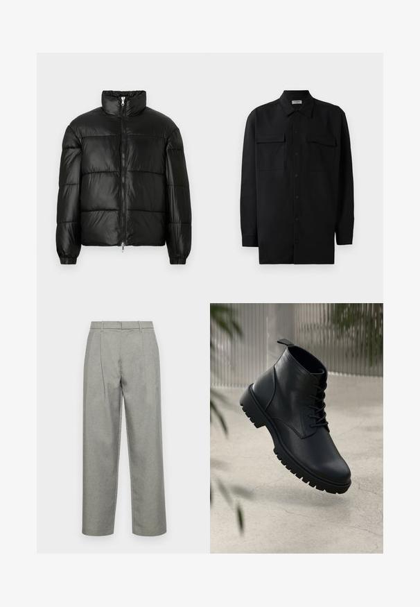 Svart pufferjakke med høy krage, glidelås foran, quiltet design, elastiske mansjetter og blank, glatt stofffinish.; Svart skjorte med knapper laget av glatt stoff, med klassisk krage, to frontlommer og lange ermer med knappe mansjetter.; Grå skreddersydde bukser laget av teksturert stoff, med rett benkonstruksjon, frontfold og standard midje med beltesløyfer.; Sorte skinn ankleboots med rund tå, snøring og grov gummisåle. Glatt tekstur med en stropp bak.