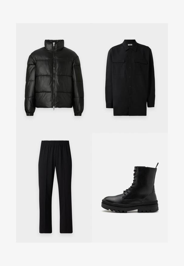 Giacca a vento nera con colletto alto, chiusura frontale con zip, design trapuntato, polsini elasticizzati e finitura in tessuto lucido e liscio.; Camicia nera con bottoni realizzata in tessuto morbido, dotata di colletto classico, due tasche frontali e maniche lunghe con polsini a bottone.; Pantaloni neri con vita elasticizzata e design a gamba dritta, caratterizzati da una texture liscia e senza motivi o hardware visibili.; Stivali alla caviglia in pelle nera con punta arrotondata, lacci frontali e suola in gomma spessa con dettagli scanalati.