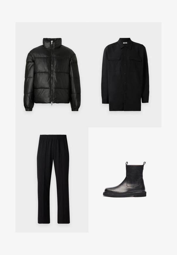 Svart pufferjakke med høy krage, glidelås foran, quiltet design, elastiske mansjetter og blank, glatt stofffinish.; Svart skjorte med knapper laget av glatt stoff, med klassisk krage, to frontlommer og lange ermer med knappe mansjetter.; Svart, elastisk midjebukser med rett ben-design, med en glatt tekstur og uten synlige mønstre eller maskinvare.; Svart skinnankelsko med en jevn finish, elastiske sidestykker og løkkefester, med en avrundet tå og flat gummisåle.