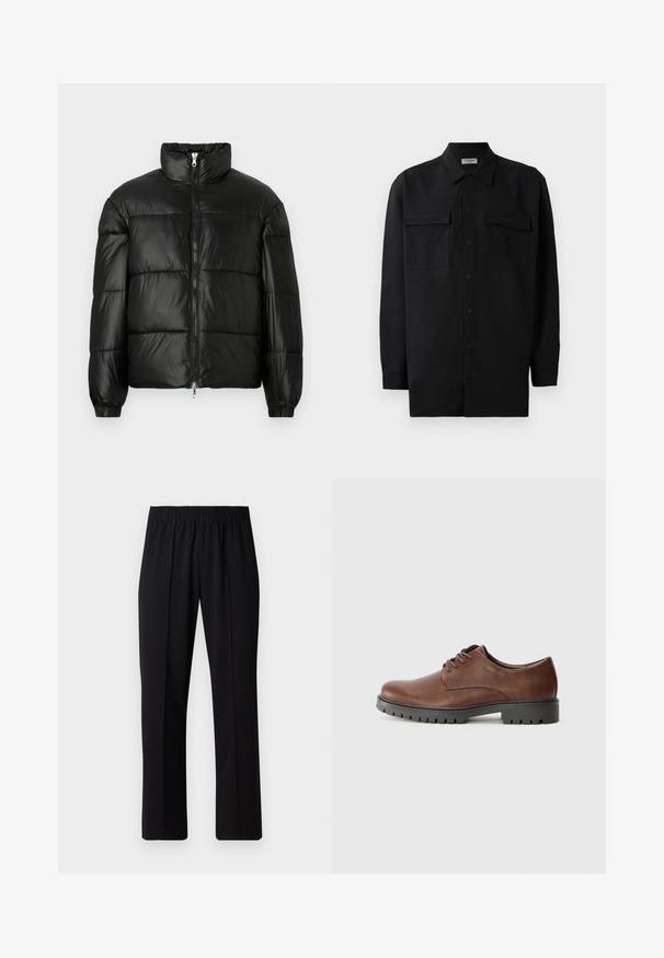 Black puffer jacket with a high collar, zip front closure, quilted design, elastic cuffs, and shiny, smooth fabric finish.; Black button-up shirt made of smooth fabric, featuring a classic collar, two front pockets, and long sleeves with button cuffs.; Black, elastic-waist trousers with a straight-leg design, featuring a smooth texture and no visible patterns or hardware.; Brown leather oxford shoe with a smooth texture, rounded toe, and black rubber outsole featuring a tread pattern. Laces attached on the front.