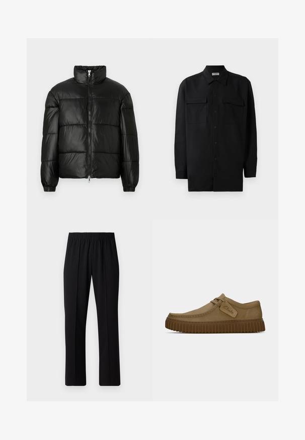 Black puffer jacket with a high collar, zip front closure, quilted design, elastic cuffs, and shiny, smooth fabric finish.; Black button-up shirt made of smooth fabric, featuring a classic collar, two front pockets, and long sleeves with button cuffs.; Black, elastic-waist trousers with a straight-leg design, featuring a smooth texture and no visible patterns or hardware.; Light brown suede shoes with a rounded toe, stitched detailing, and a ribbed brown rubber sole. Features a side tag with "Clarks" logo.