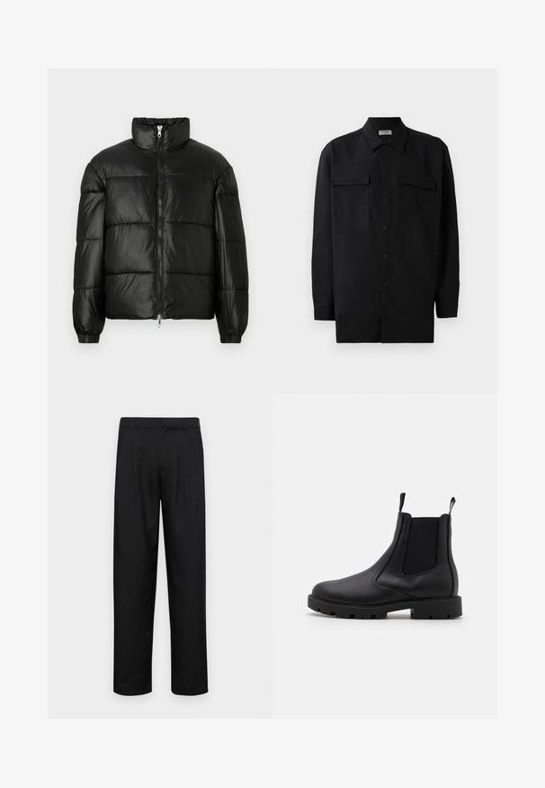 Casaco puffer preto com gola alta, fecho frontal em zíper, design acolchoado, punhos elásticos e acabamento de tecido brilhante e suave.; Camisa preta de botão, feita de um tecido suave, com golas clássicas, dois bolsos frontais e mangas longas com punhos abotoados.; Calças pretas feitas de tecido suave, com um design de perna reta, dois pregas frontais e uma cintura padrão com passantes para cinto.; Botas Chelsea pretas feitas de couro texturizado, com painéis laterais elásticos, puxadores e uma sola de borracha grossa com ranhuras.