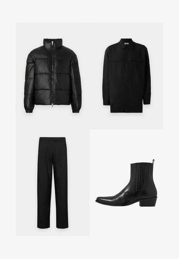 Must mustaga jakker, millel on kõrge krae, luku esikinnitus, tikanditud disain, elastsed mansetid ja läikiv, sile kangast viimistlus.; Mustmust värvi nööpidega särk, mis on valmistatud sujuvast kangast, klassikalise kraega, kahe eesmise tasku ja pikkade varrukatega, millel on nööpidega mansetid.; Mustad mustadest riietest, millel on sirge jalgade disain, kaks eesmist voltimist ja tavaline vöökoht, millel on vöökohad.; Must musta rinnatooted, millel on terav varvas, elastsed külgpaneelid, vertikaalsed õmblused ning madal blokknähtav.