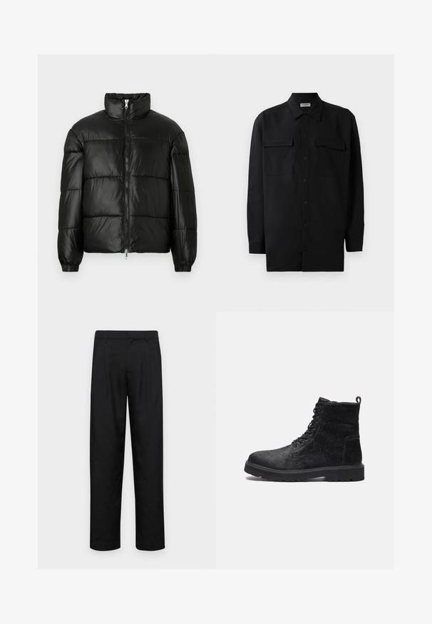 Svart pufferjakke med høy krage, glidelås foran, quiltet design, elastiske mansjetter og blank, glatt stofffinish.; Svart skjorte med knapper laget av glatt stoff, med klassisk krage, to frontlommer og lange ermer med knappe mansjetter.; Sorte bukser laget av glatt stoff, med rette ben, to frontfoldninger og standard liv med beltehemper.; Sorte ankelstøvler med teksturert overdel, med snøring på fronten, solid gummisåle og en løkkebånd bak for enkel påkledning.