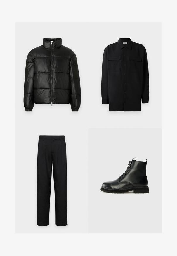 Črna pufasta jakna z visokim ovratnikom, z zadrgo spredaj, prešito zasnovo, elastičnimi manšetami in sijočim, gladkim zaključkom tkanine.; Črn srajčni zgornji del iz gladkega materiala, s klasičnim ovratnikom, dvema sprednjima žepoma in dolgimi rokavi z gumbi na manšetah.; Črne hlače iz gladkega materiala, s krojem ravne noge, dvema sprednjima pregiboma in standardnim pasom z zankami za pas.; Črne usnjene gležnjarje z zaobljenim prstom, vezanjem spredaj in teksturiranim gumo podplatom. Imajo zanko za pomoč na peti in kontrastno šivanje.