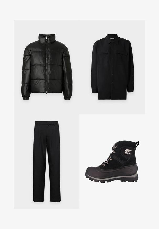 Casaco puffer preto com gola alta, fecho frontal em zíper, design acolchoado, punhos elásticos e acabamento de tecido brilhante e suave.; Camisa preta de botão, feita de um tecido suave, com golas clássicas, dois bolsos frontais e mangas longas com punhos abotoados.; Calças pretas feitas de tecido suave, com um design de perna reta, dois pregas frontais e uma cintura padrão com passantes para cinto.; Botas de inverno pretas com parte superior em camurça texturizada, sola de borracha, acessórios metálicos e detalhe com logo. Apresentam um cano alto e um sistema de atilho resistente.