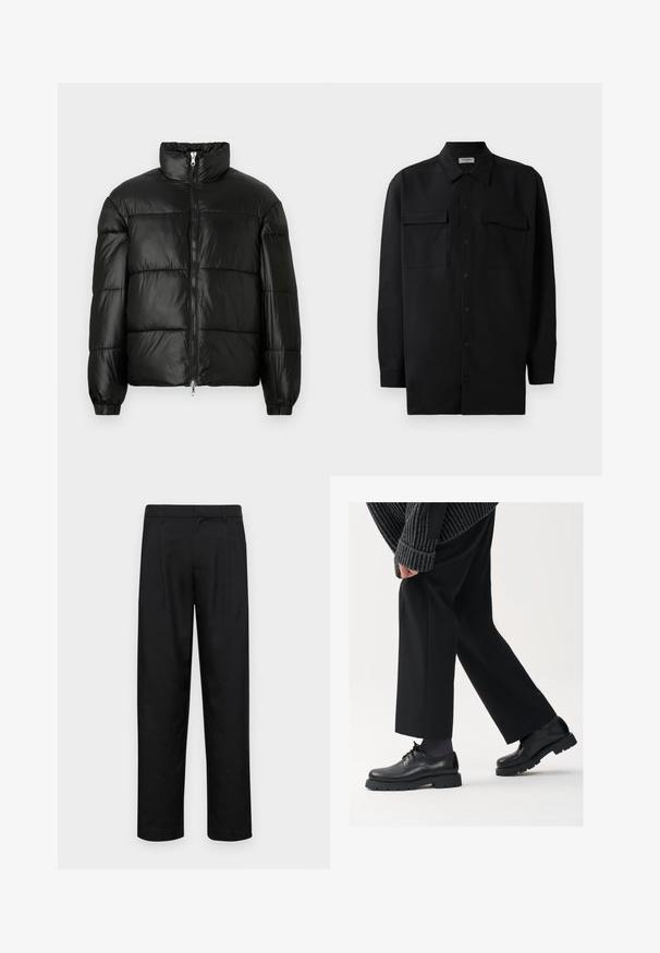 Čierna páperová bunda s vysokým golierom, predným zipsom, prešívaným dizajnom, elastickými manžetami a lesklým hladkým materiálom.; Čierna košeľa na gombíky vyrobená z hladkej tkaniny, so klasickým golierom, dvoma prednými vreckami a dlhými rukávmi s gombíkovými manžetami.; Čierne nohavice vyrobené z hladkej tkaniny, s rovnými nohavicami, dvoma prednými skladmi a štandardným pásom s pútkami na opasok.; Čierne kožené topánky s okrúhlou špičkou, viazaním a hrubou, štruktúrovanou podrážkou. Nosené s upravenými čiernymi nohavicami a rebrovaným sveterom.