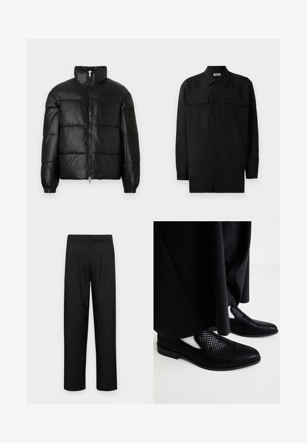 Schwarze Daunenjacke mit hohem Kragen, Reißverschluss vorne, gestepptem Design, elastischen Bündchen und glänzendem, glattem Stofffinish.; Schwarzes Hemd mit Knopfleiste aus glattem Stoff, das einen klassischen Kragen, zwei Brusttaschen und lange Ärmel mit Knopfmanschetten aufweist.; Schwarze Hose aus glattem Stoff, mit geradem Bein Design, zwei vorderen Falten und einem Standardbund mit Gürtelschlaufen.; Schwarze perforierte Slipper mit flacher Sohle und glatter Textur. Minimalistisches Design mit seitlichen Ausschnitten. Kombiniert mit schwarzen Hosen.
