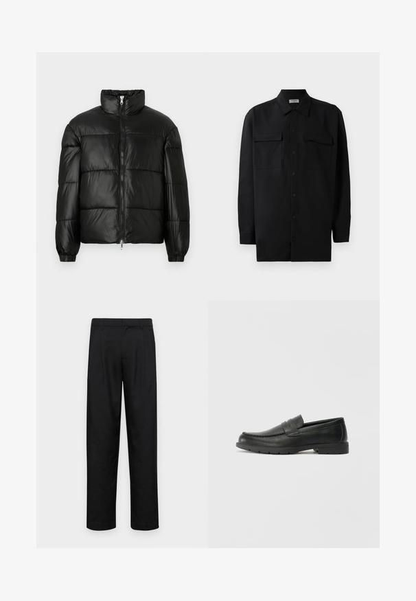 Sort puffet jakke med høj krave, lynlås foran, quiltet design, elastiske manchetter og skinnende, glat stoffinish.; Sort skjorte med knapper lavet af glat stof, med klassisk krave, to frontlommer og lange ærmer med knapmanchetter.; Sorte bukser lavet af glat stof, med et lige ben-design, to frontfolder og en standard talje med bæltestropper.; Sorte læderslippers med en glat finish, mokkasin-stil overdel, syninger og gummisål. Klassisk design med en lav hæl.