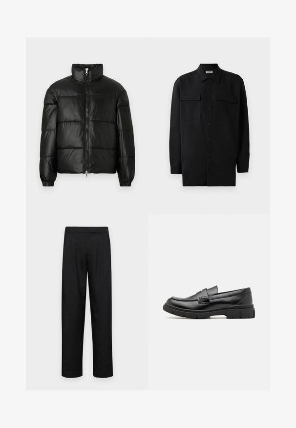 Svart pufferjakke med høy krage, glidelås foran, quiltet design, elastiske mansjetter og blank, glatt stofffinish.; Svart skjorte med knapper laget av glatt stoff, med klassisk krage, to frontlommer og lange ermer med knappe mansjetter.; Sorte bukser laget av glatt stoff, med rette ben, to frontfoldninger og standard liv med beltehemper.; Sorte lærloafers med en bred stropp over forfoten, gummisåle med tykke såleprofiler og glatt tekstur. Klassisk, stilrent design.
