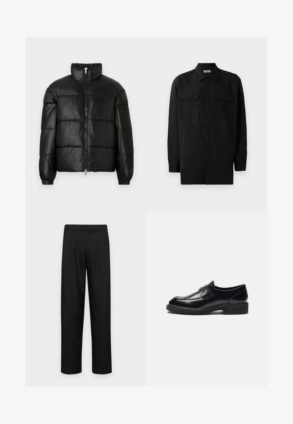 Casaco puffer preto com gola alta, fecho frontal em zíper, design acolchoado, punhos elásticos e acabamento de tecido brilhante e suave.; Camisa preta de botão, feita de um tecido suave, com golas clássicas, dois bolsos frontais e mangas longas com punhos abotoados.; Calças pretas feitas de tecido suave, com um design de perna reta, dois pregas frontais e uma cintura padrão com passantes para cinto.; Zign LEATHER - Sapatos slip-on elegantes - black