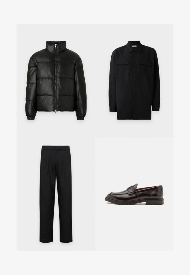 Mustat puffer-takki korkealla kauluksella, vetoketjukiinnitys edessä, tikattu malli, joustavat hihansuut ja kiiltävä, sileä kangasviimeistely.; Musta napillinen paita, joka on valmistettu sileästä kankaasta. Paita sisältää klassisen kaulan, kaksi etutaskua ja pitkät hihat, joissa on nappivarat.; Mustat housut, jotka on valmistettu sileästä kankaasta, suoran lahkeen muotoilulla, kahdella etupleekillä ja tavanomaisella vyötäröllä, jossa on vyölenkit.; Mustat nahkaloaferit, joissa on tyylikäs päällinen, jossa on kohotettu ommelyksikkö ja teksturoitu nauha etuosassa. Kumipohja, jossa on hyvä pito.