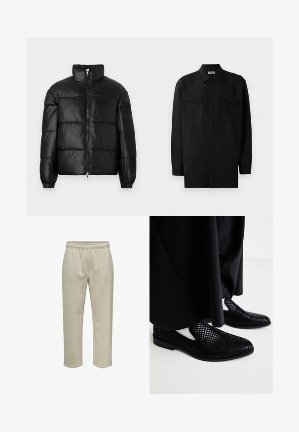 Sort puffet jakke med høj krave, lynlås foran, quiltet design, elastiske manchetter og skinnende, glat stoffinish.; Sort skjorte med knapper lavet af glat stof, med klassisk krave, to frontlommer og lange ærmer med knapmanchetter.; Beige bomulds sweatpants med elastisk talje, to forlommer og lige ben design. Glat tekstur med minimale syninger.; Sorte perforerede slip-on sko med flad sål og en glat tekstur. Minimalistisk design med udskæringer på siden. Parret med sorte bukser.