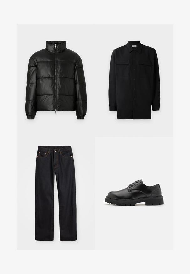 Giacca a vento nera con colletto alto, chiusura frontale con zip, design trapuntato, polsini elasticizzati e finitura in tessuto lucido e liscio.; Camicia nera con bottoni realizzata in tessuto morbido, dotata di colletto classico, due tasche frontali e maniche lunghe con polsini a bottone.; Jeans neri in denim dritto da uomo con cinque tasche e cuciture arancioni, chiusura con bottone e zip sulla vita anteriore.; Scarpe in pelle nera con punta arrotondata, design lace-up e suola in gomma spessa e testurizzata. Presentano una cucitura lungo il bordo e una finitura liscia.