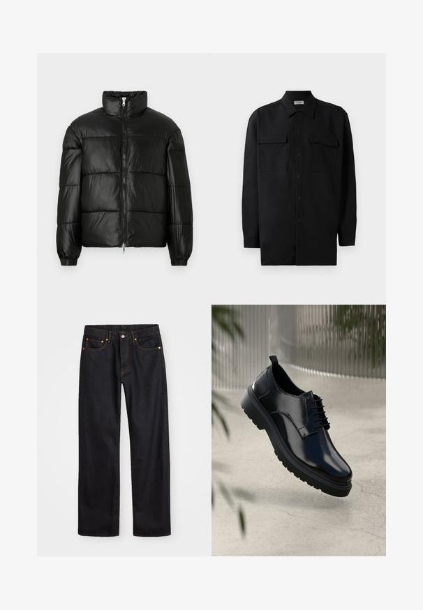 Giacca a vento nera con colletto alto, chiusura frontale con zip, design trapuntato, polsini elasticizzati e finitura in tessuto lucido e liscio.; Camicia nera con bottoni realizzata in tessuto morbido, dotata di colletto classico, due tasche frontali e maniche lunghe con polsini a bottone.; Jeans neri in denim dritto da uomo con cinque tasche e cuciture arancioni, chiusura con bottone e zip sulla vita anteriore.; Scarpa in pelle nera con finitura lucida, punta rotonda, design con lacci, cuciture a contrasto e una spessa suola in gomma con motivi antiscivolo.