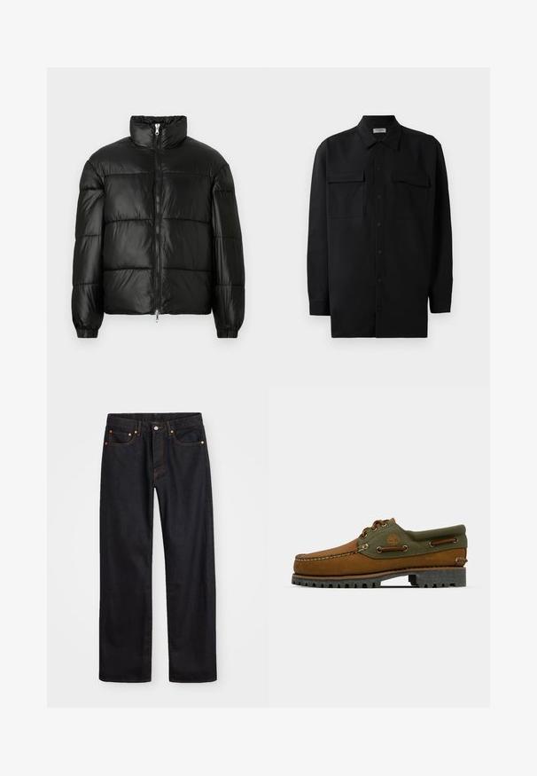 Czarna kurtka puchowa z wysokim kołnierzem, zapięciem na zamek błyskawiczny z przodu, pikowanym wzorem, elastycznymi mankietami oraz błyszczącym, gładkim wykończeniem materiału.; Czarna koszula z guzikami wykonana z gładkiego materiału, z klasycznym kołnierzykiem, dwoma przednimi kieszeniami i długimi rękawami z mankietami na guziki.; Męskie jeansy w prostym kroju, czarne, z pięcioma kieszeniami oraz pomarańczowymi strefami, z zapięciem na guzik i zamek z przodu w pasie.; Brązowy skórzany but z zielonymi akcentami z tkaniny. Oferuje fason w stylu mokasyn, haftowane logo oraz wytrzymałą gumową podeszwę z głębokim bieżnikiem.