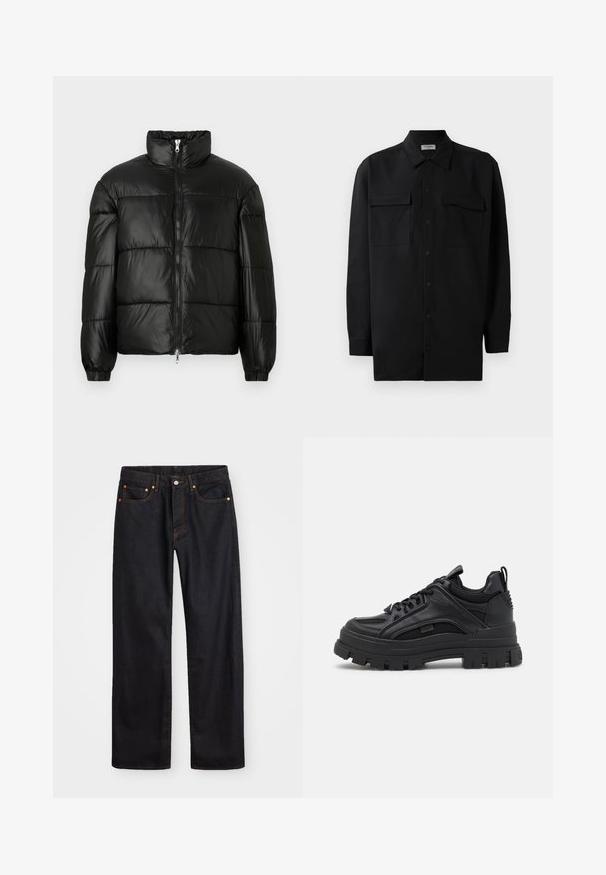 Casaco puffer preto com gola alta, fecho frontal em zíper, design acolchoado, punhos elásticos e acabamento de tecido brilhante e suave.; Camisa preta de botão, feita de um tecido suave, com golas clássicas, dois bolsos frontais e mangas longas com punhos abotoados.; Calças de ganga pretas para homem, de pernas retas, com cinco bolsos e costura laranja, fecho de botão e zíper na cintura da frente.; Tênis chunky pretos com uma mistura de materiais em couro e malha, sola grossa, design com atacadores e uma alça na parte traseira.