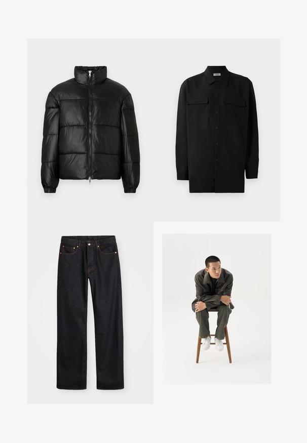 Svart pufferjakke med høy krage, glidelås foran, quiltet design, elastiske mansjetter og blank, glatt stofffinish.; Svart skjorte med knapper laget av glatt stoff, med klassisk krage, to frontlommer og lange ermer med knappe mansjetter.; Men's straight-leg svarte denim jeans med fem lommer og oransje søm, knapp og glidelås lukking foran på midjen.; Brun skinnjakke med bred krage, kombinert med mørkegrønne jeans og hvite sneakers. Modellen sitter på en trestol.