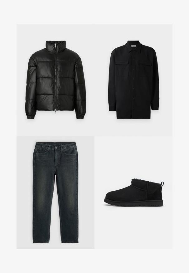 Doudoune noire avec un col montant, fermeture éclair sur le devant, design matelassé, poignets élastiques et finition en tissu lisse et brillant.; Chemise noire à manches longues en tissu lisse, dotée d'un col classique, de deux poches devant et de poignets à boutons.; Jean en denim bleu foncé à coupe droite, avec cinq poches, une fermeture éclair et des coutures contrastées. Légère décoloration sur le tissu.; Bottines noires en daim avec une doublure douce et texturée, une semelle en caoutchouc basse et une languette à l'arrière pour un enfilage facile.