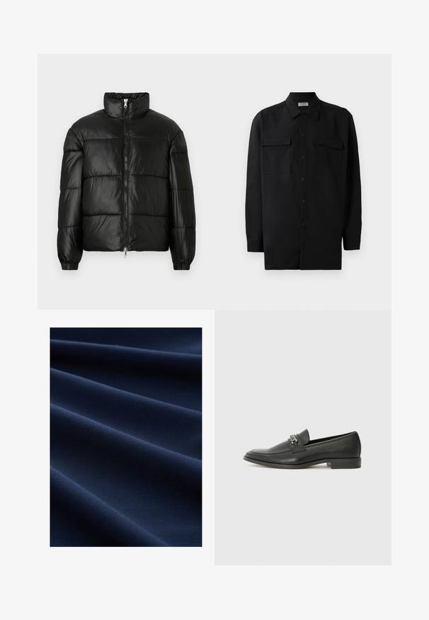 Črna pufasta jakna z visokim ovratnikom, z zadrgo spredaj, prešito zasnovo, elastičnimi manšetami in sijočim, gladkim zaključkom tkanine.; Črn srajčni zgornji del iz gladkega materiala, s klasičnim ovratnikom, dvema sprednjima žepoma in dolgimi rokavi z gumbi na manšetah.; Temno modro blago z gladko teksturo, ki vsebuje diagonalne gube, ki ustvarjajo globino in dimenzijo v draperiji.; Črni usnjeni loafer z gladko površino, ki ima šivano zasnovo in dekorativni kovinski verižni naglas preko vampirja. Ravno peto.
