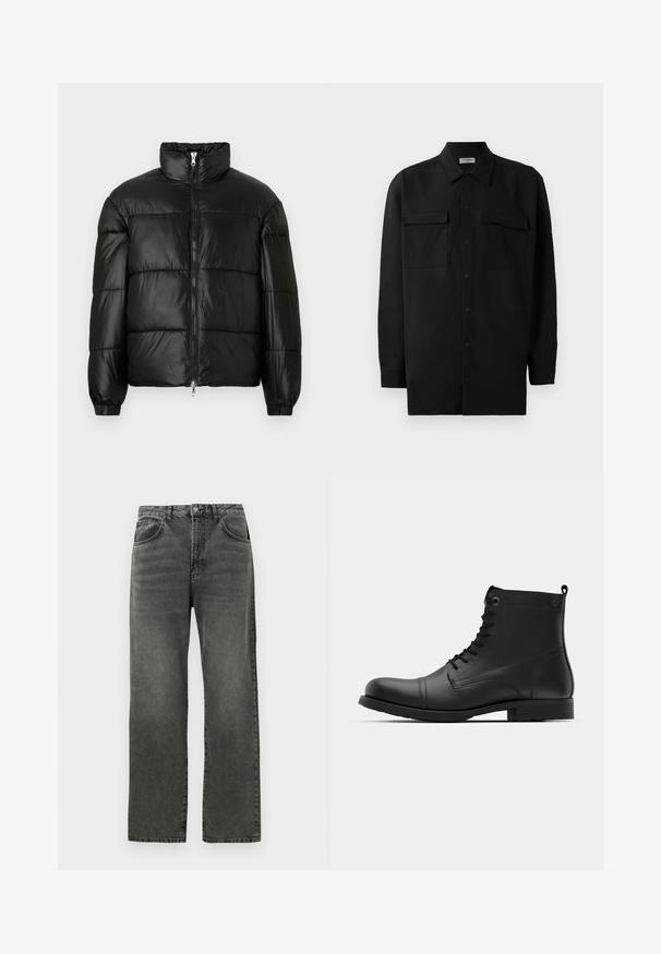 Melna pūkainā jaka ar augstu apkakli, rāvējslēdzēja priekšējo aizdari, quilted dizainu, elastīgām piedurknēm un spīdīgu, gludu auduma apdari.; Melnā pogu krekla, kas izgatavota no gludas auduma, ar klasisku apkakli, divām priekšējām kabatām un garām piedurknēm ar pogu aprocēm.; Taisna kāju melni mazgāti džinsi ar priekšējo pogu un kabatām, izlikti plakaniski uz baltā fona.; Melnas ādas potītes zābaki ar noapaļotu purngalu, saistījuma dizainu un plakanu gumijas zoli. Ir minimāla šuvju daudzuma un cilpa uz papēža.