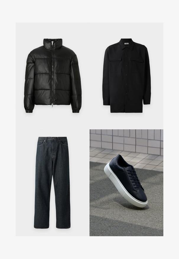 Černá péřová bunda s vysokým límcem, zapínáním na zip, prošívaným designem, elastickými manžetami a lesklým, hladkým povrchem.; Černá košile na knoflíky vyrobená z hladké tkaniny, s klasickým límcem, dvěma předními kapsami a dlouhými rukávy s knoflíkovými manžetami.; Tmavě modré džíny se střihem rovného nohavice, s tradičním pětipocket designem a kovovým knoflíkem na zavírání v pase.; Černé kožené tenisky s kulatou špičkou a bílou gumovou podrážkou. mají ploché tkaničky a minimální šití na svršku. Texturovaná podrážka pro lepší přilnavost.