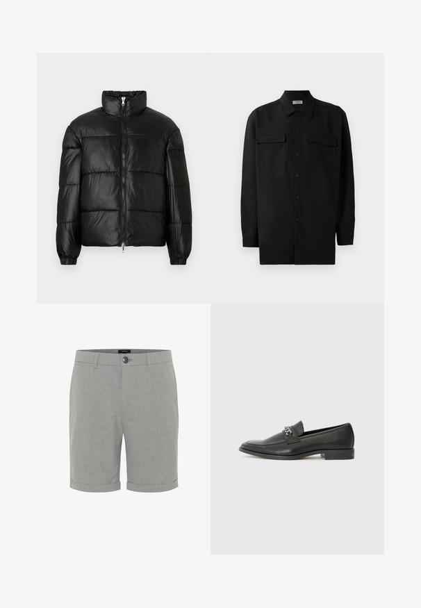 Crna puffer jakna s visokim ovratnikom, zatvaranjem na zip, quilted dizajnom, elastičnim manžetama i sjajnim, glatkim materijalom.; Crna košulja s dugim rukavima od glatkog materijala, s klasičnom kragnom, dva prednja džepa i dugmadima na manžetama.; Sive pamučne kratke hlače ravnog kroja, s jednim gumbom na zatvaranju, uvrnutim manžetama i minimalnom teksturom. Bez uzoraka ili naglasaka.; Crna kožna loafer cipela s glatkom finišem, s ušivenim uzorkom i dekorativnim metalnim lancem preko prednjeg dijela. Ravni potplat.