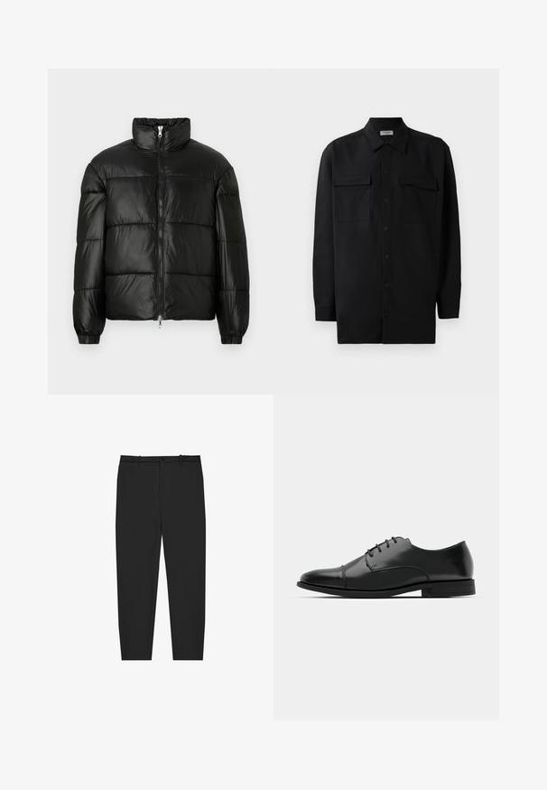 Zwarte pufferjack met een hoge kraag, ritsvoorzijde, gestikt ontwerp, elastische manchetten en een glanzende, gladde stofafwerking.; Zwarte button-up shirt gemaakt van gladde stof, met een klassieke kraag, twee voorzakken en lange mouwen met knopenmanchetten.; Zwarte broek met een getailleerde pasvorm, gemaakt van gladde stof. Voorzien van een knoopsluiting, riemlussen en taps toelopende pijpen. Geen patronen of accenten.; Zwarte leren dresschoenen met een ronde neus, vetersluiting, subtiele stiksels en een lage hak. Glad oppervlak met gepolijste afwerking.