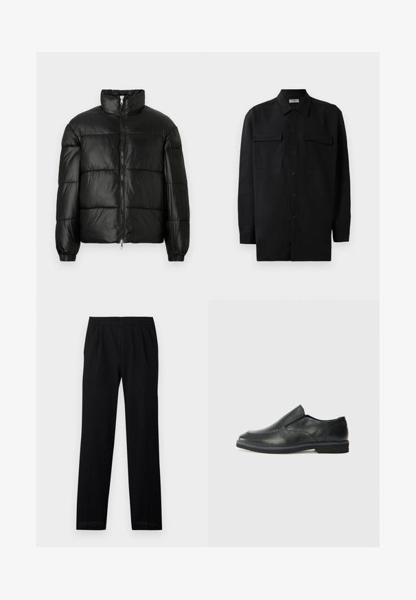 Mustat puffer-takki korkealla kauluksella, vetoketjukiinnitys edessä, tikattu malli, joustavat hihansuut ja kiiltävä, sileä kangasviimeistely.; Musta napillinen paita, joka on valmistettu sileästä kankaasta. Paita sisältää klassisen kaulan, kaksi etutaskua ja pitkät hihat, joissa on nappivarat.; Mustat housut, joissa on joustava vyötärö, suorat lahkeet ja hillityt taitteet. Saumaton pinta ja keveä materiaali. Ei näkyviä kuvioita.; Musta nahkainen liukujalkine, jossa on sileä pinta, ommeltuja yksityiskohtia, pyöristetty kärki ja matala kumipohja. Pohjassa on minimaalinen pito.