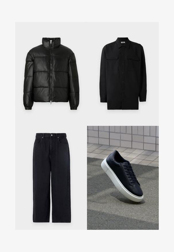 Casaco puffer preto com gola alta, fecho frontal em zíper, design acolchoado, punhos elásticos e acabamento de tecido brilhante e suave.; Camisa preta de botão, feita de um tecido suave, com golas clássicas, dois bolsos frontais e mangas longas com punhos abotoados.; Calças de ganga pretas com um design de perna reta, apresentando cinco bolsos, fecho com botão e um acabamento limpo. Tecido durável com uma textura mate.; Sapatilha de couro preto com bico arredondado e sola de borracha branca. Apresenta atacadores planos e costuras mínimas na parte superior. Sola texturizada para melhor aderência.